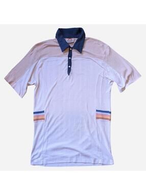 1970s Saturdays In California Rainbow Stripe Color Block Polo Shirt